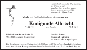 Traueranzeige von Kunigunde Albrecht von Pegnitz-Zeitung